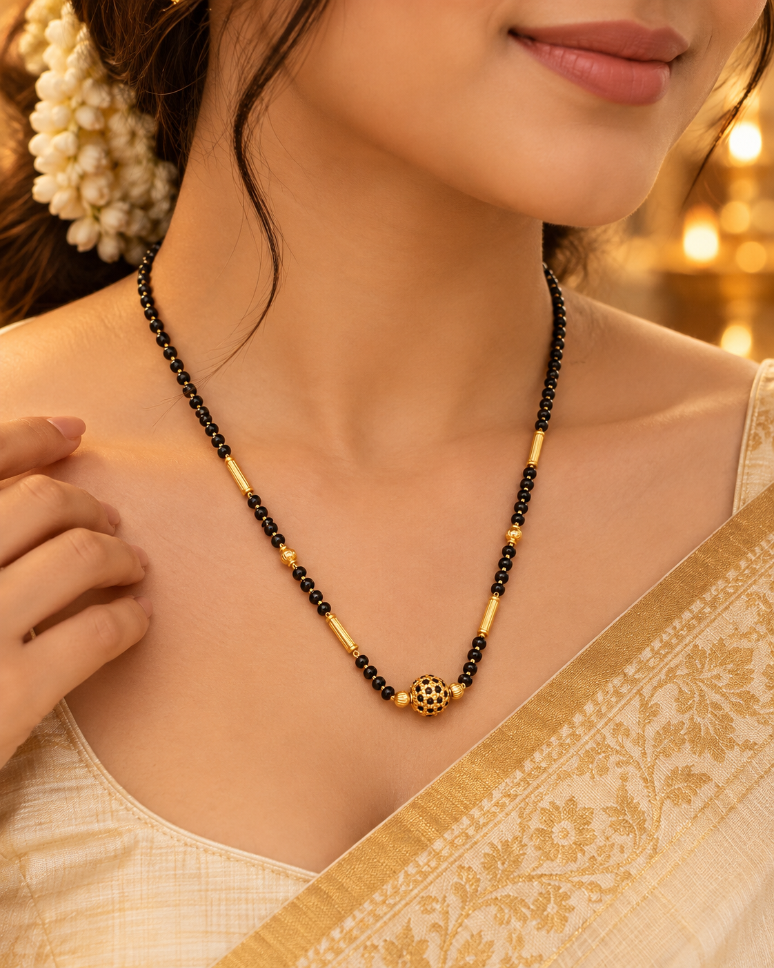 Jivaanik Premium Black Stone Ball Mangalsutra with Gold Pipe Design for Women