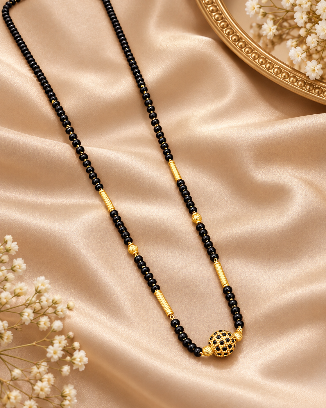 Jivaanik Premium Black Stone Ball Mangalsutra with Gold Pipe Design for Women