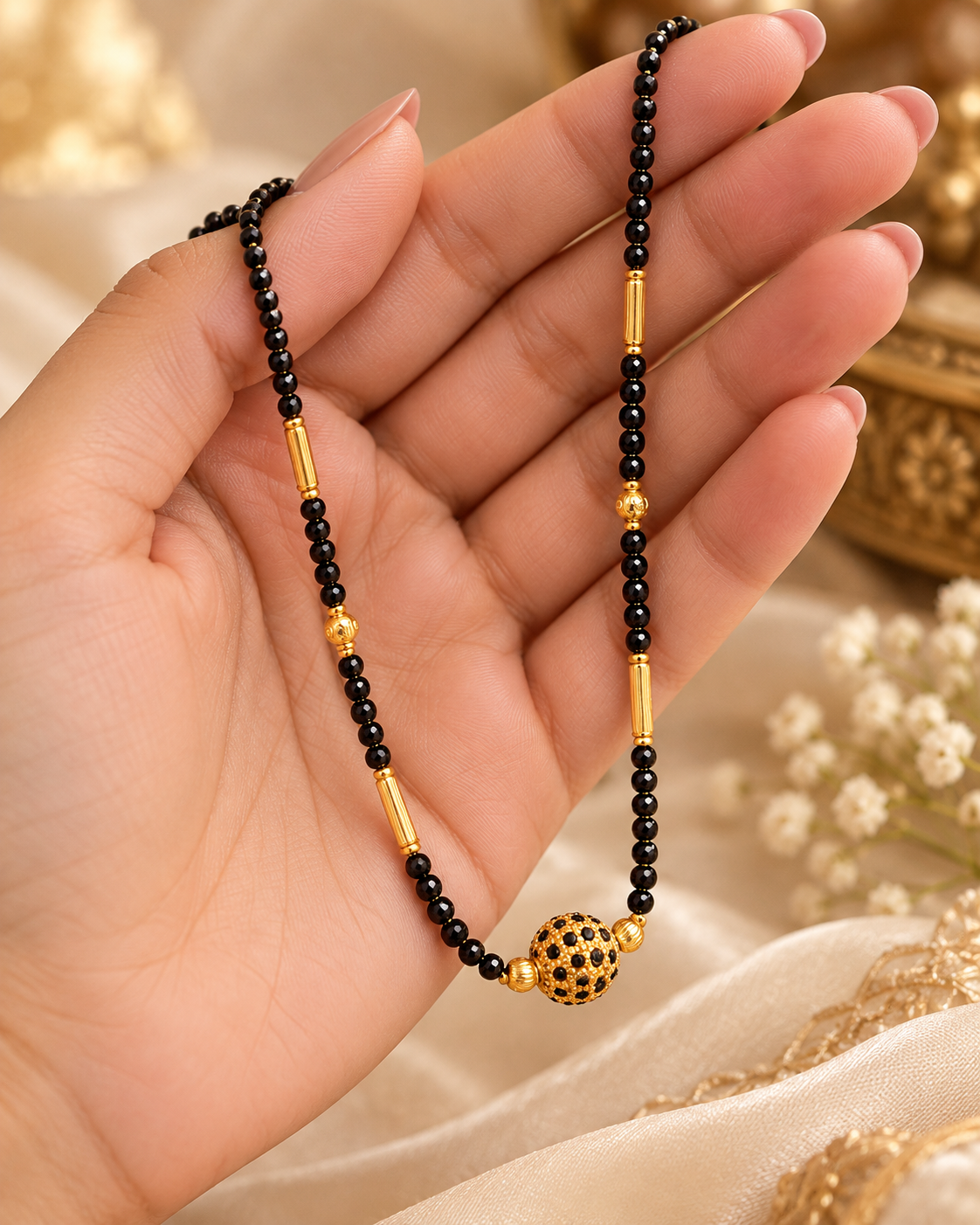 Jivaanik Premium Black Stone Ball Mangalsutra with Gold Pipe Design for Women