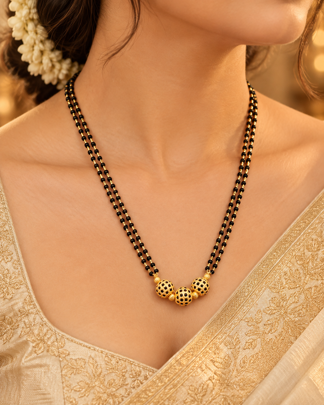 Jivaanik Premium Triple Gold Ball Double Line Black Beads Mangalsutra for Women