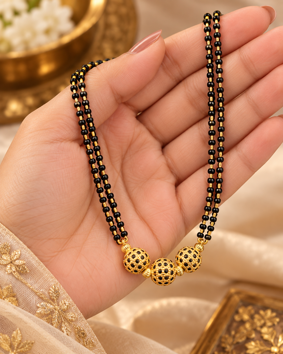 Jivaanik Premium Triple Gold Ball Double Line Black Beads Mangalsutra for Women