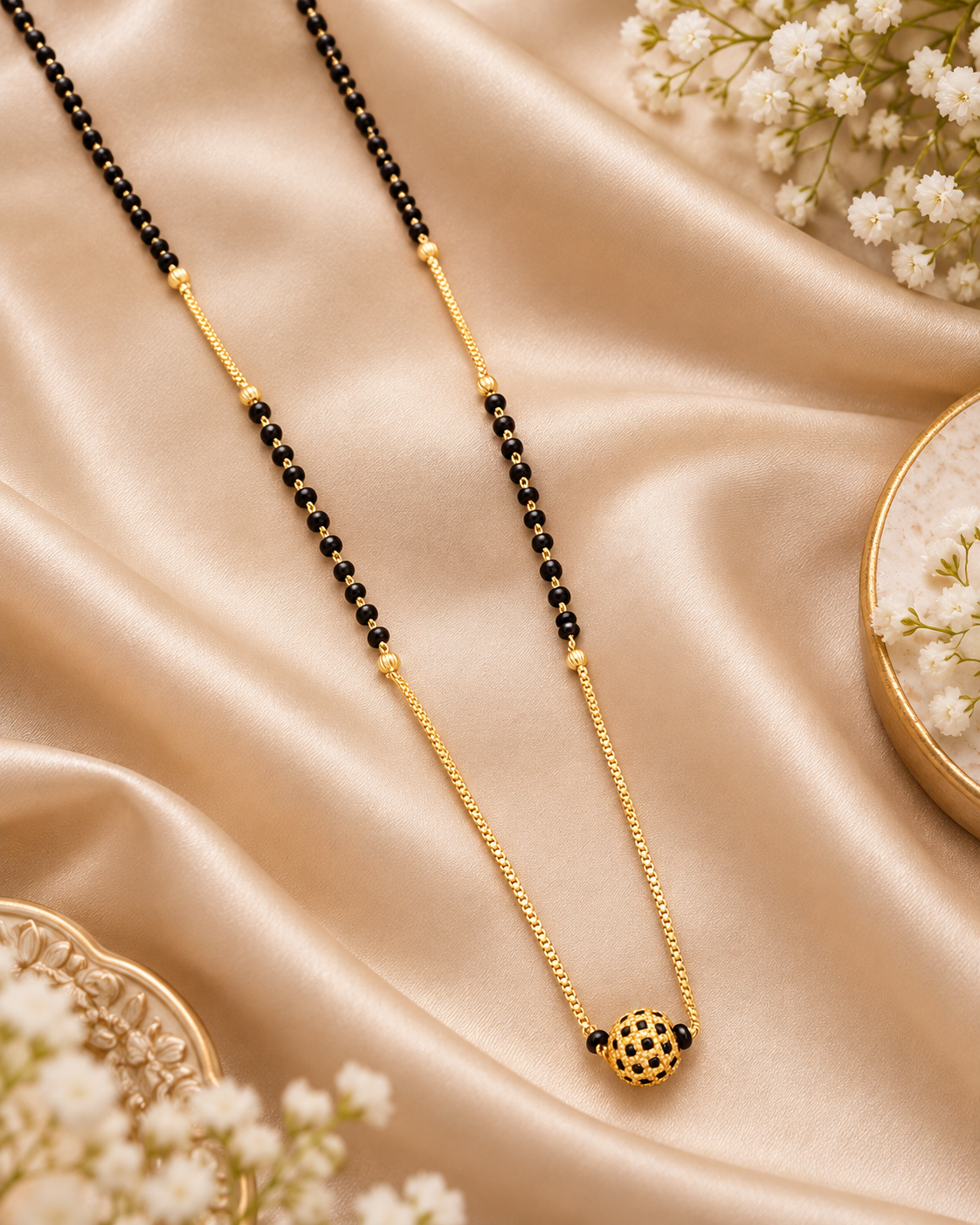 Jivaanik Elegant Single Gold Ball Black Beads Chain Mangalsutra for Women