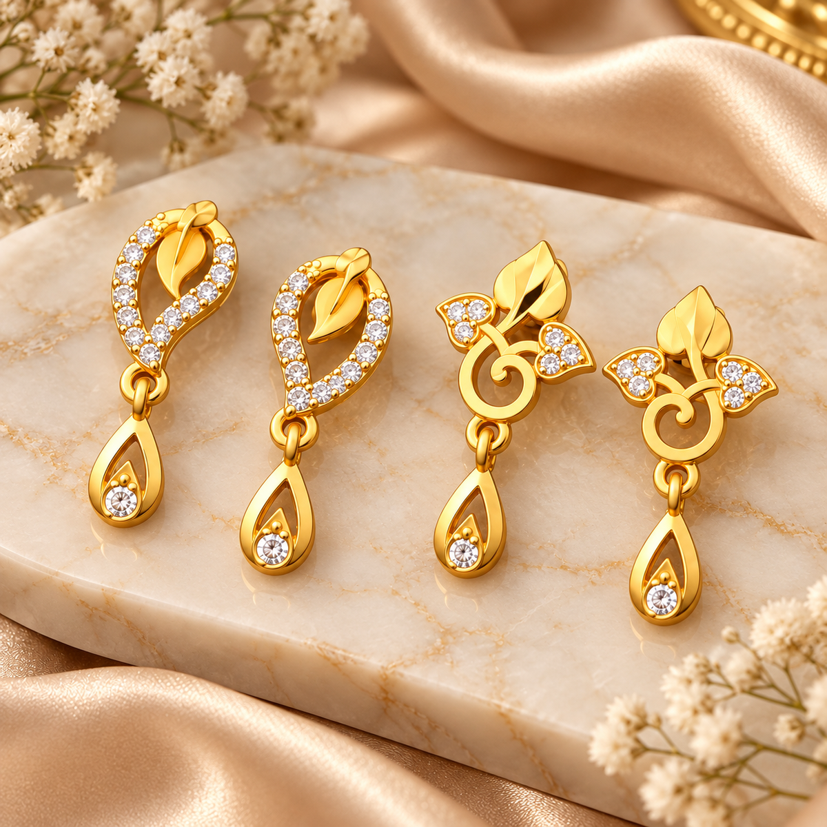 Jivaanik Golden Leaf Drop Earrings Duo