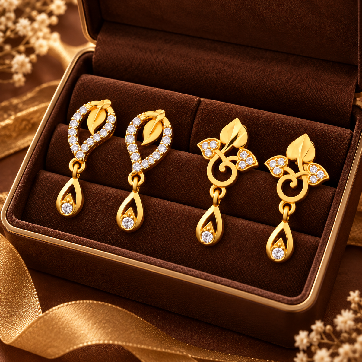 Jivaanik Golden Leaf Drop Earrings Duo