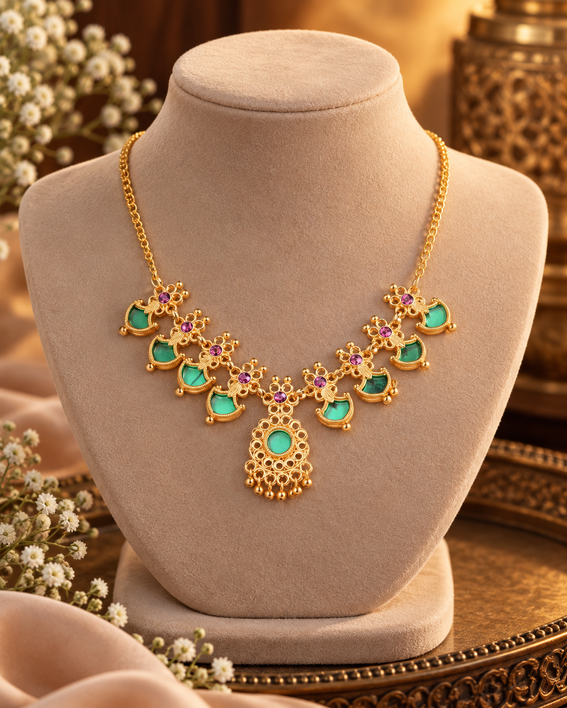 Jivaanik Mint Green Temple Necklace
