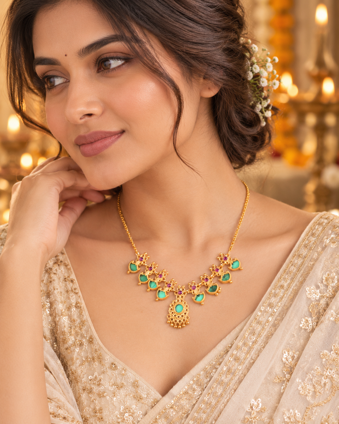 Jivaanik Mint Green Temple Necklace