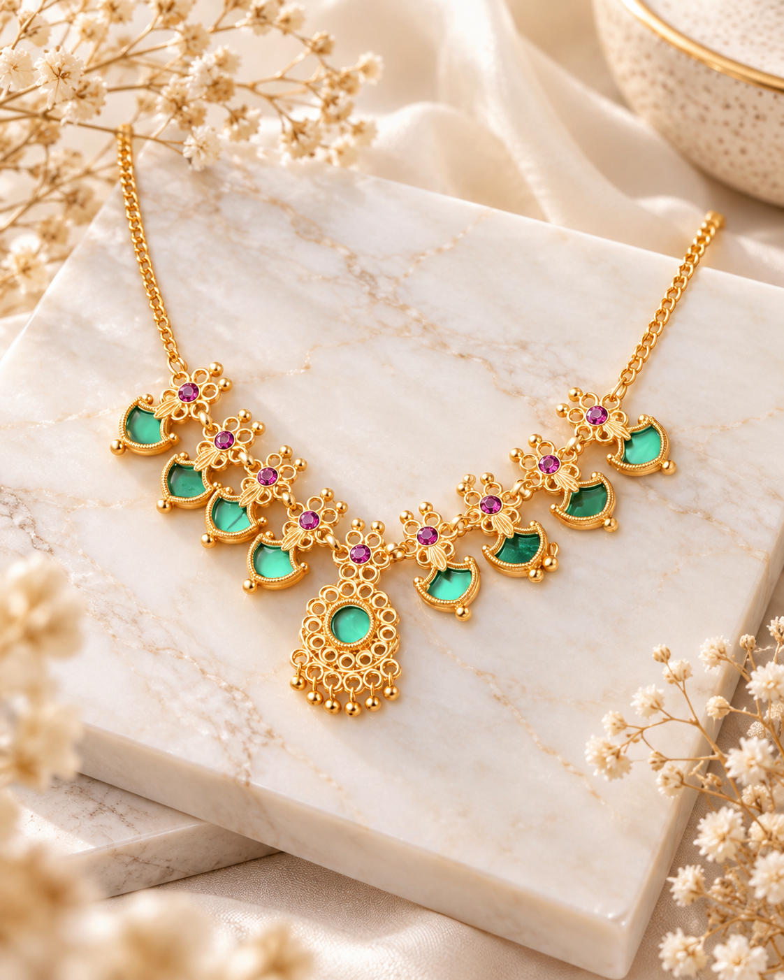 Jivaanik Mint Green Temple Necklace