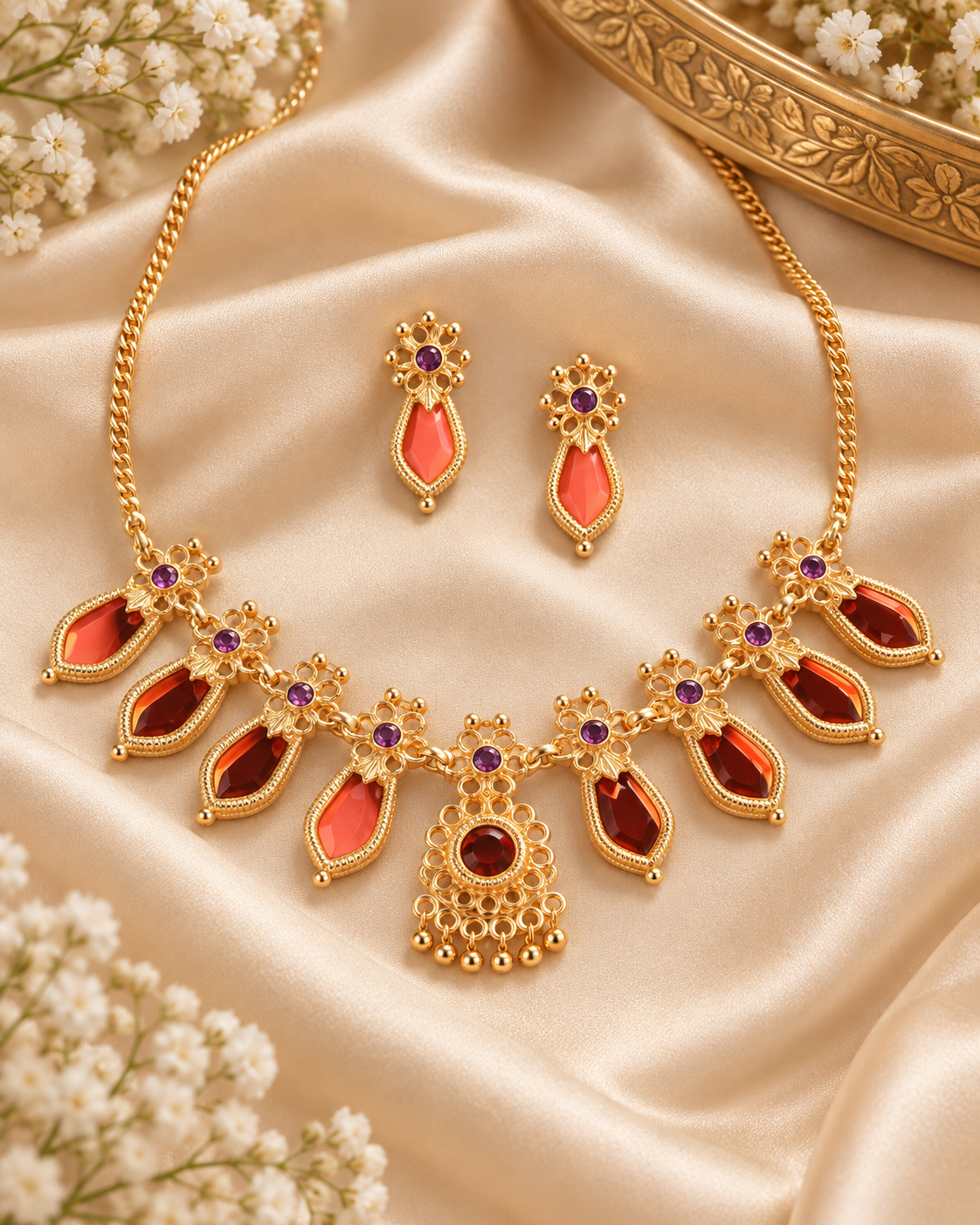 Jivaanik Red Drop Traditional Necklace Set