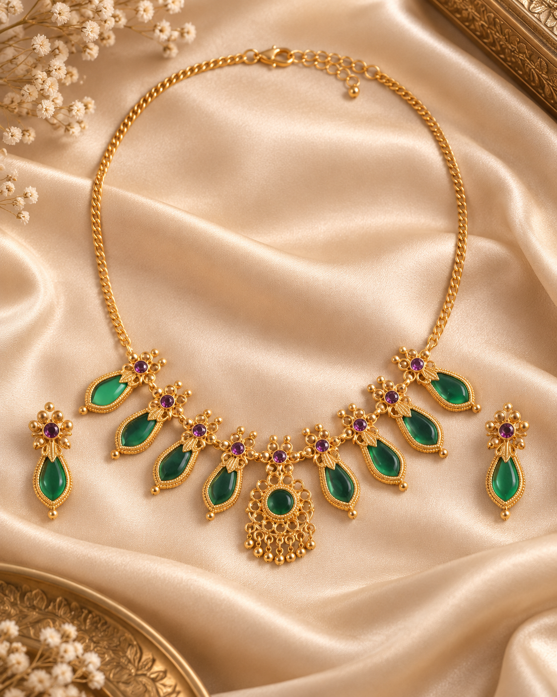 Jivaanik Emerald Drop Traditional Necklace Set