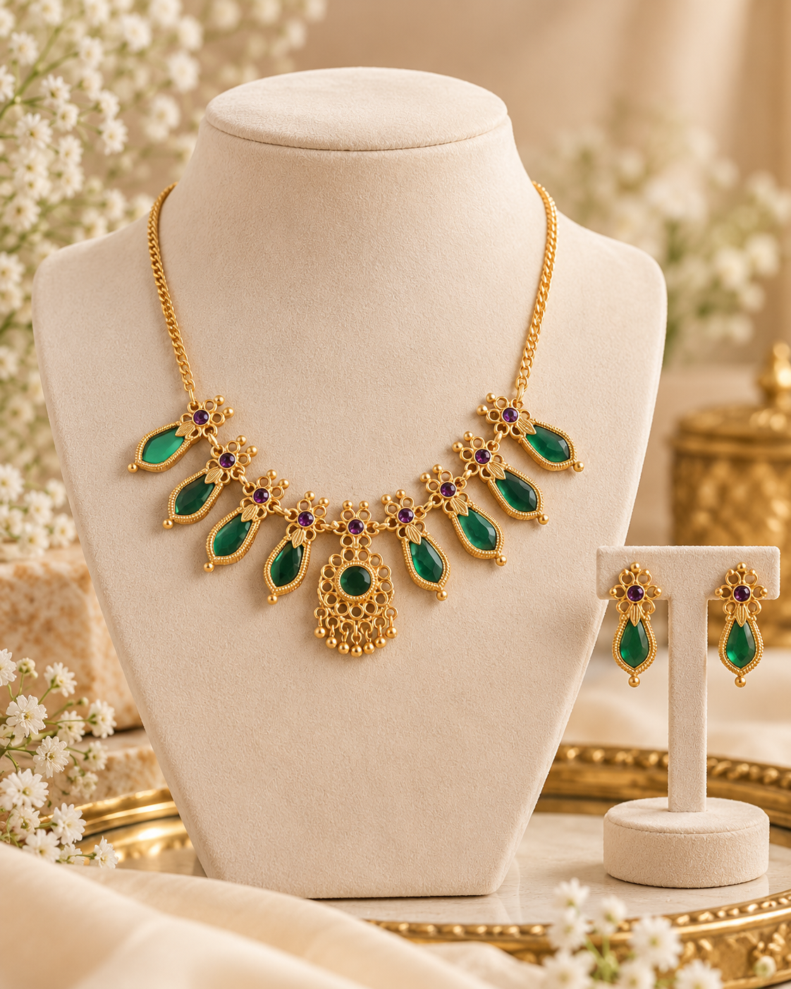 Jivaanik Emerald Drop Traditional Necklace Set