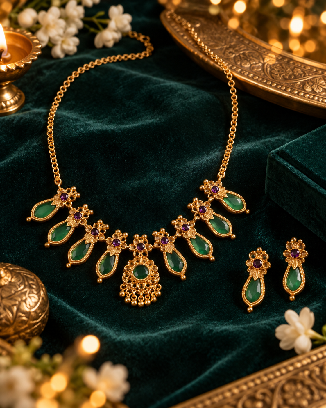 Jivaanik Emerald Drop Traditional Necklace Set