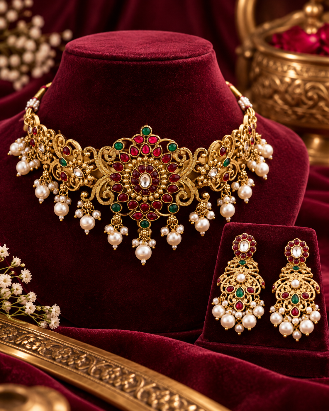 Jivaanik Royal Ruby Emerald Choker Set