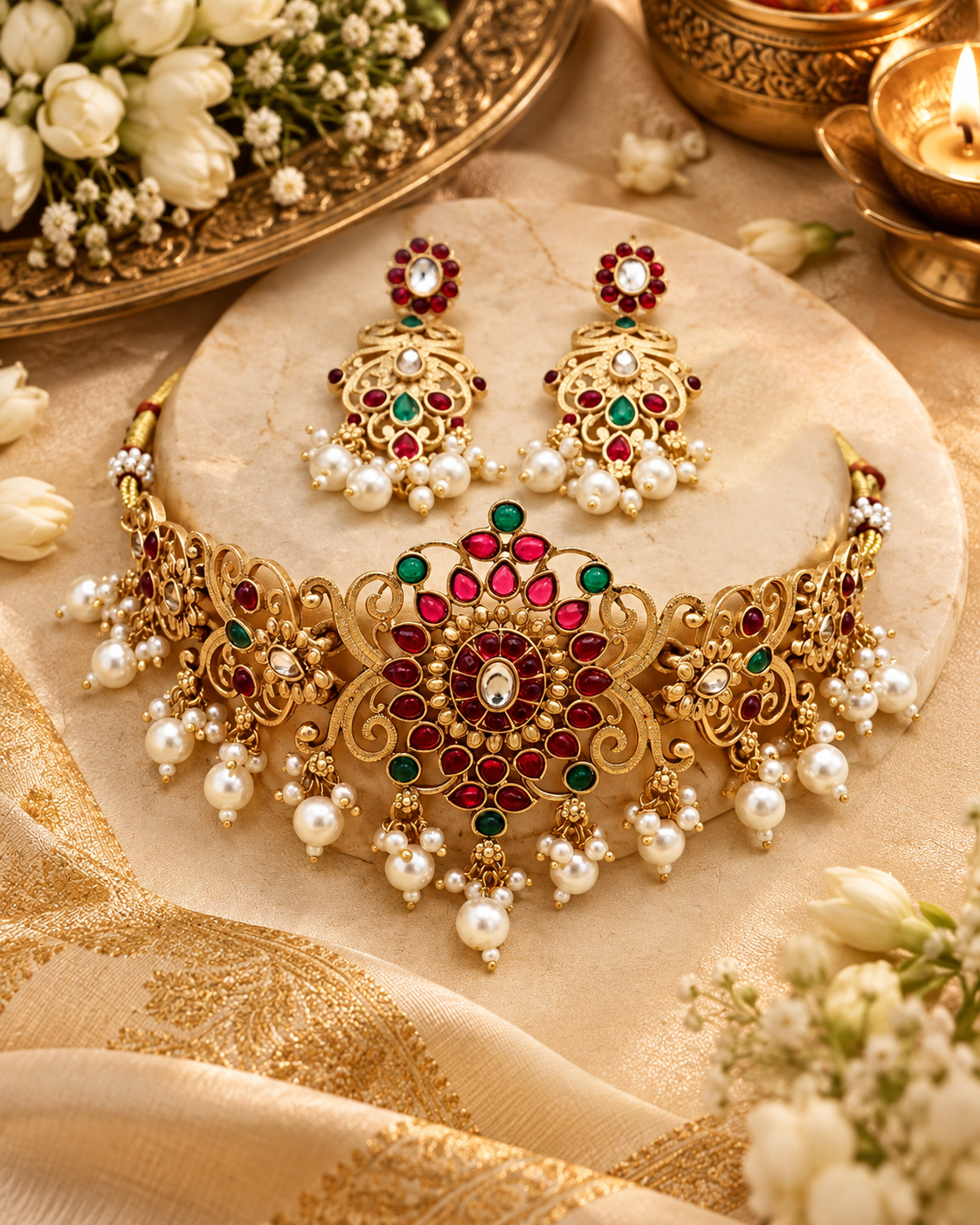 Jivaanik Royal Ruby Emerald Choker Set