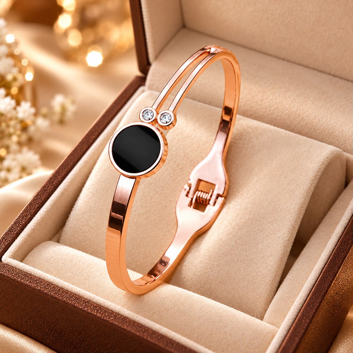 Jivaanik Rose Gold Black Stone Cuff Bracelet