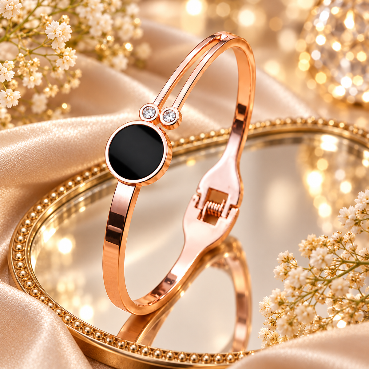 Jivaanik Rose Gold Black Stone Cuff Bracelet