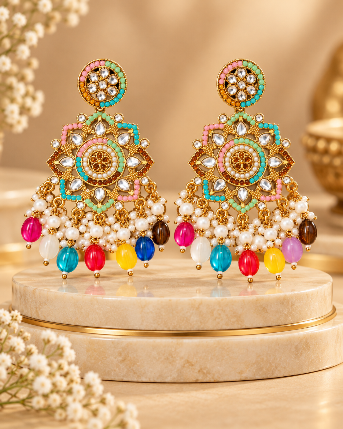 Multicolor Kundan Pearl Drop Statement Earrings for Women