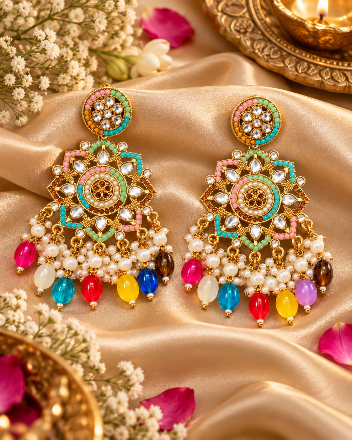 Multicolor Kundan Pearl Drop Statement Earrings for Women