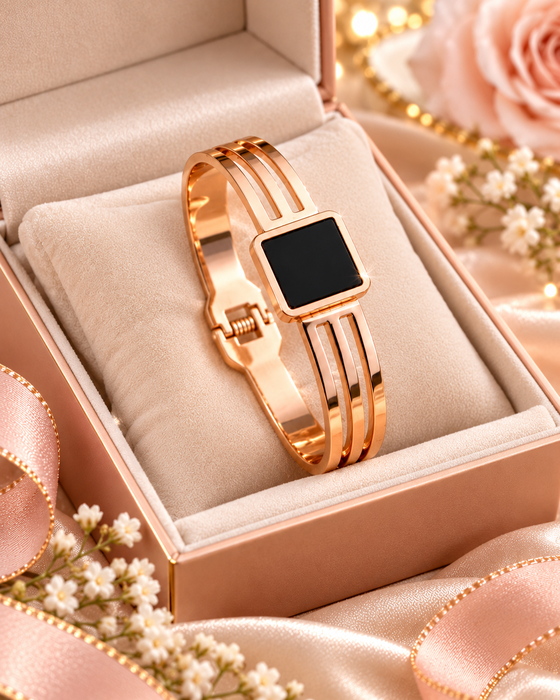 Jivaanik Premium Black Square Rose Gold Bracelet for Women