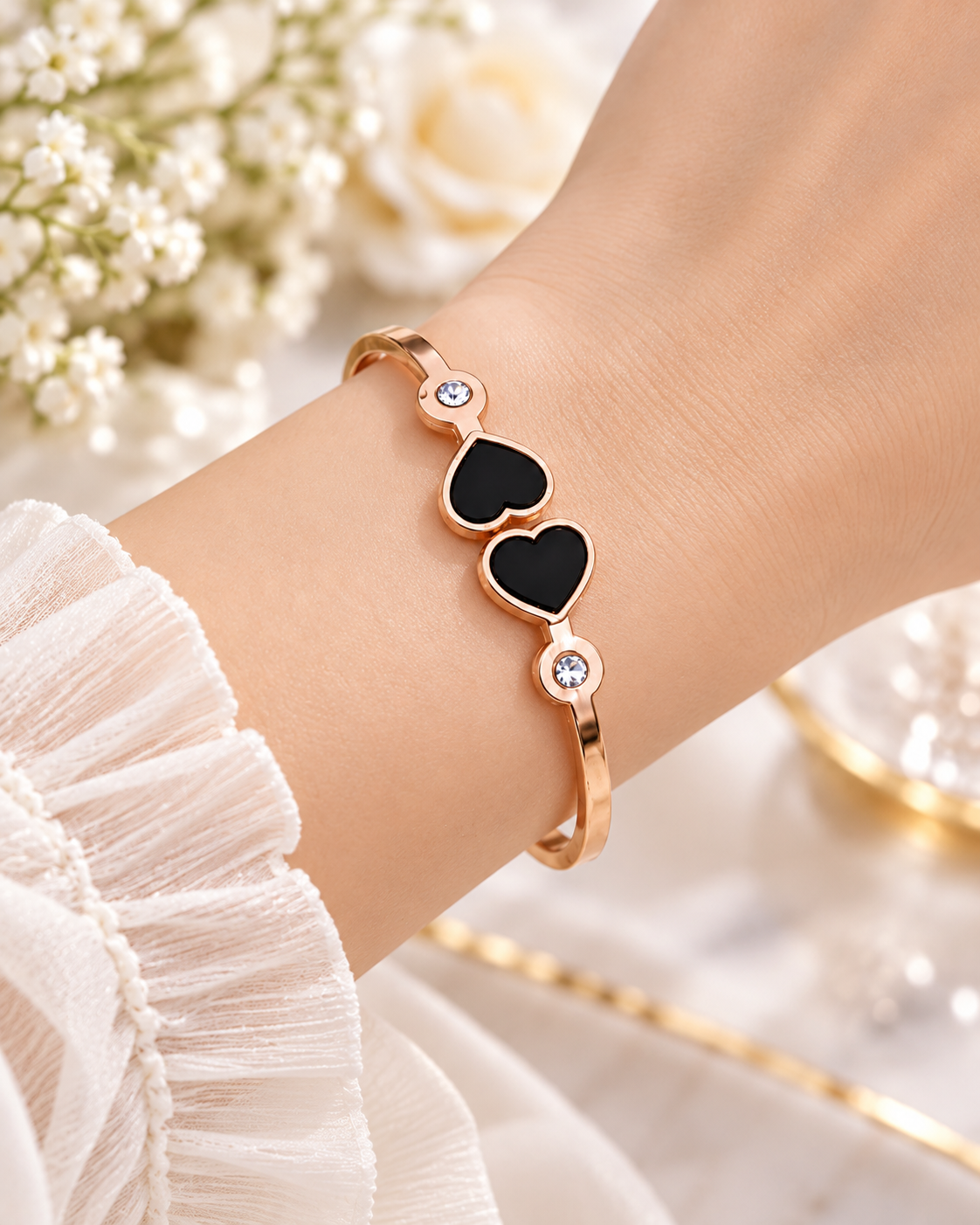 Jivaanik Premium Double Black Heart Rose Gold Bracelet for Women
