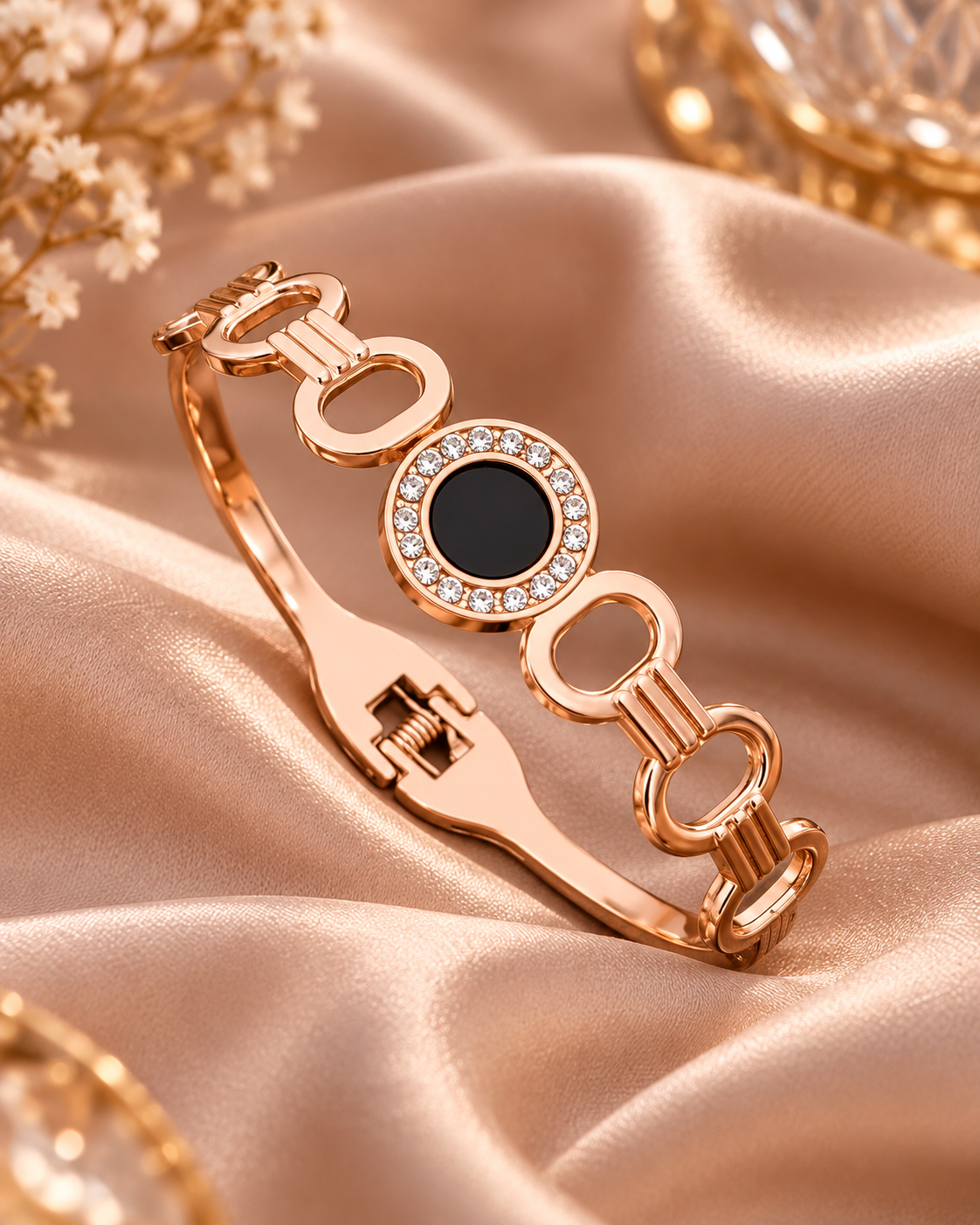 Jivaanik Premium Black Circle Crystal Rose Gold Bracelet for Women