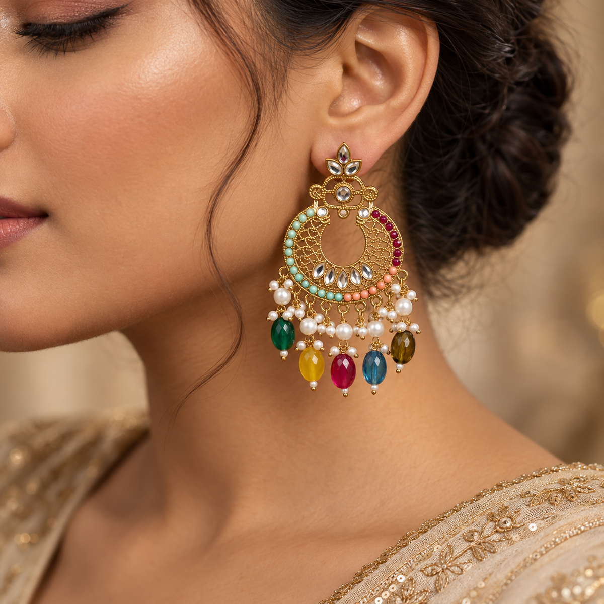 Jivaanik Rangrez Multicolor Chandbali Earrings