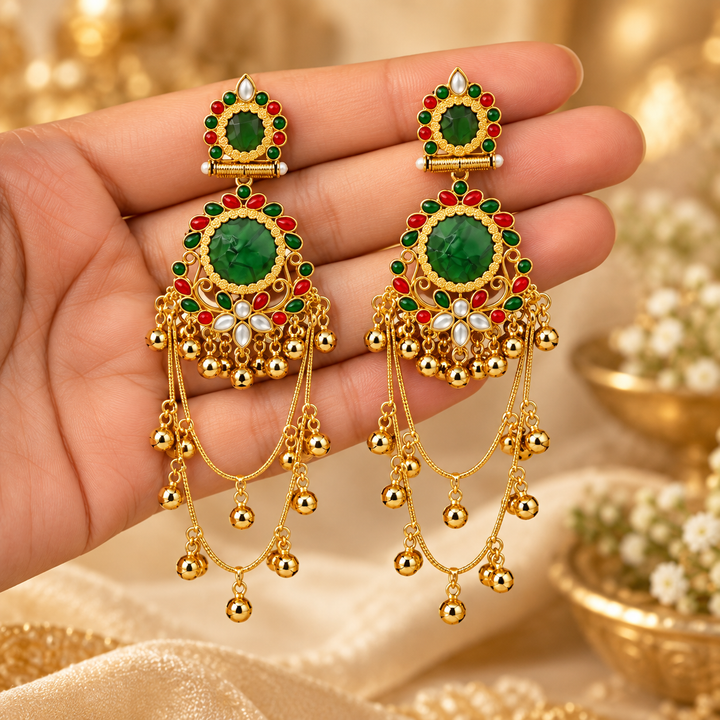 Jivaanik Emerald Rajwadi Long Earrings