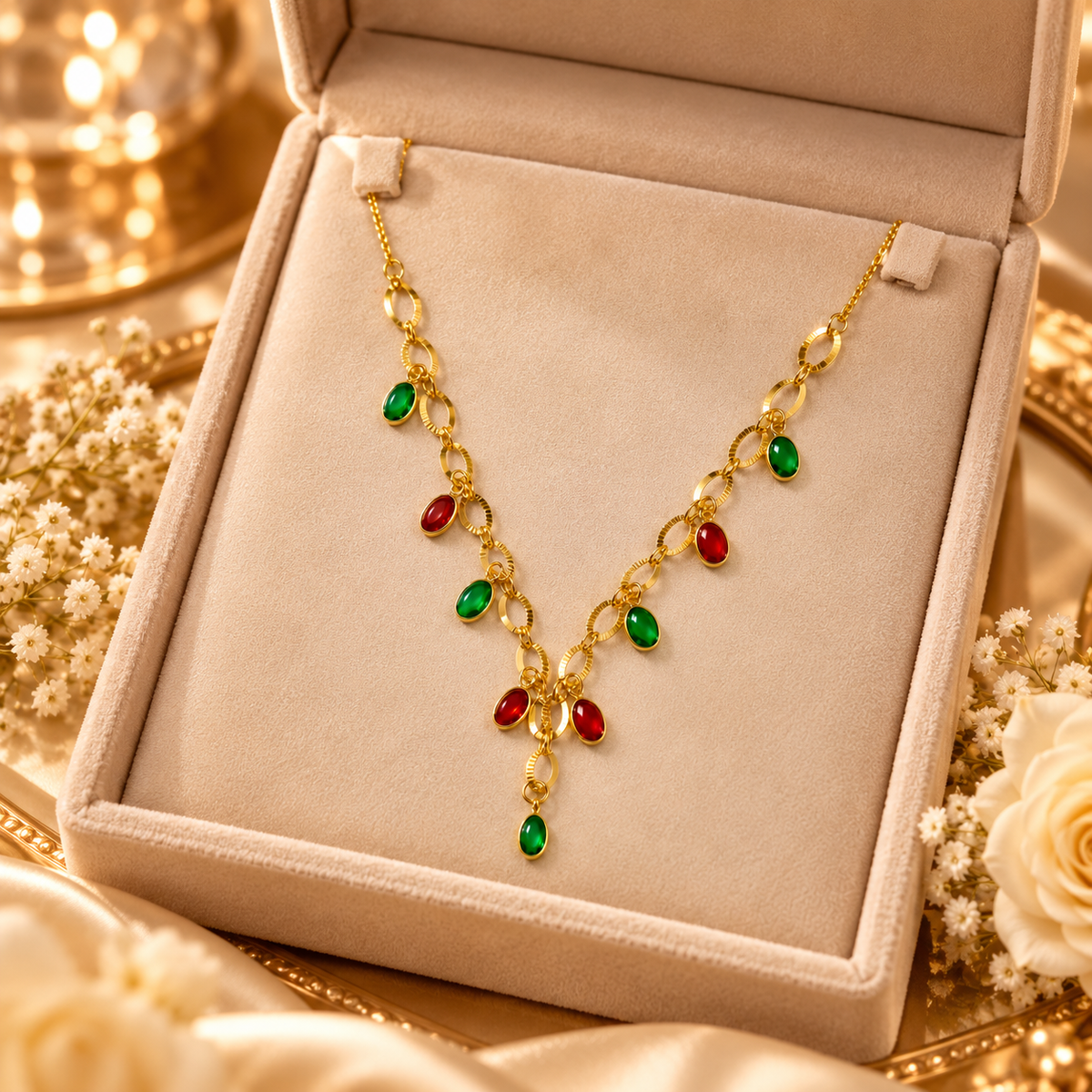Jivaanik Ruby Emerald Charm Necklace