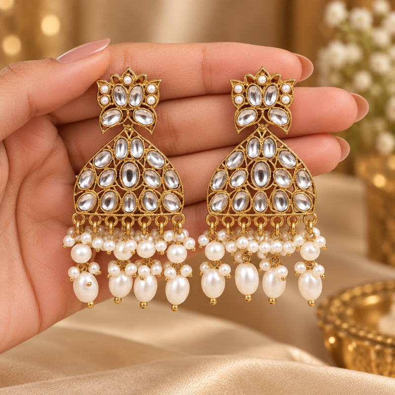 Jivaanik Noor Kundan Pearl Statement Earrings