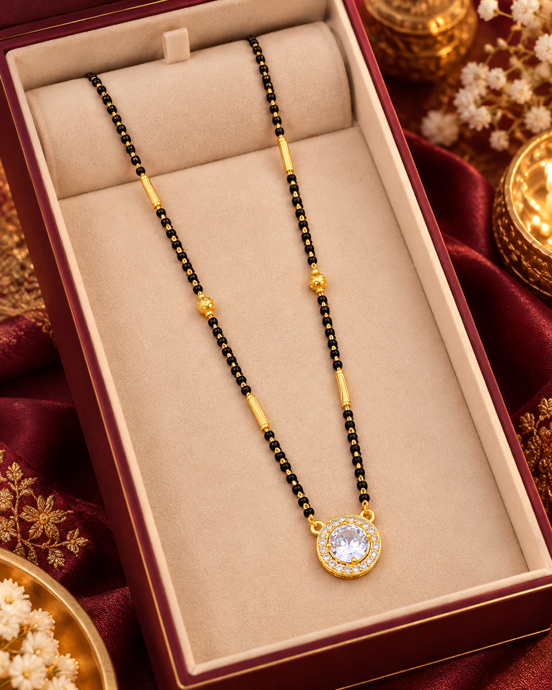 Jivaanik Elegant Crystal Pendant Black Beads Mangalsutra with Gold Pipe Design for Women