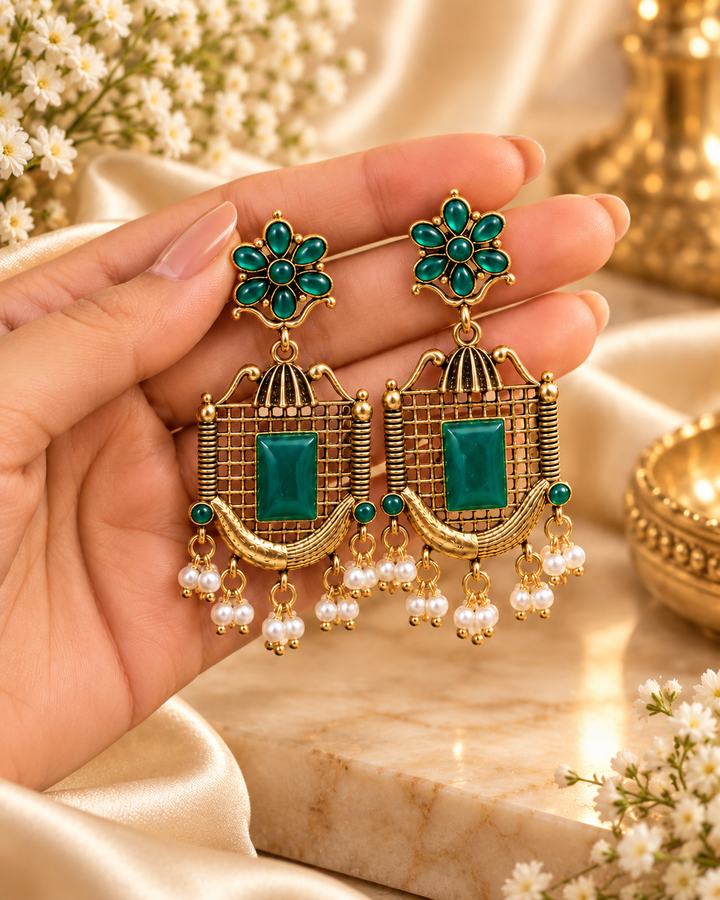 Jivaanik Emerald Heritage Pearl Earrings