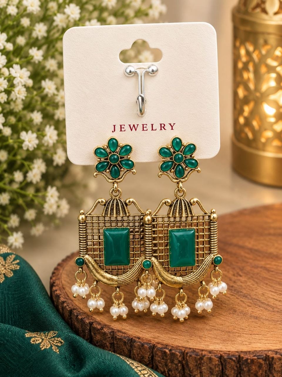 Jivaanik Emerald Heritage Pearl Earrings