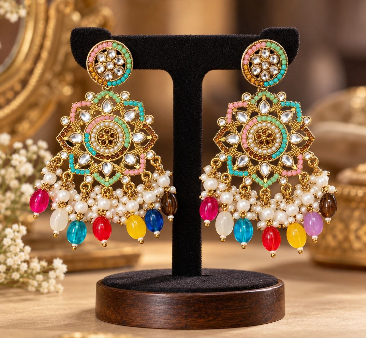 Multicolor Kundan Pearl Drop Statement Earrings for Women