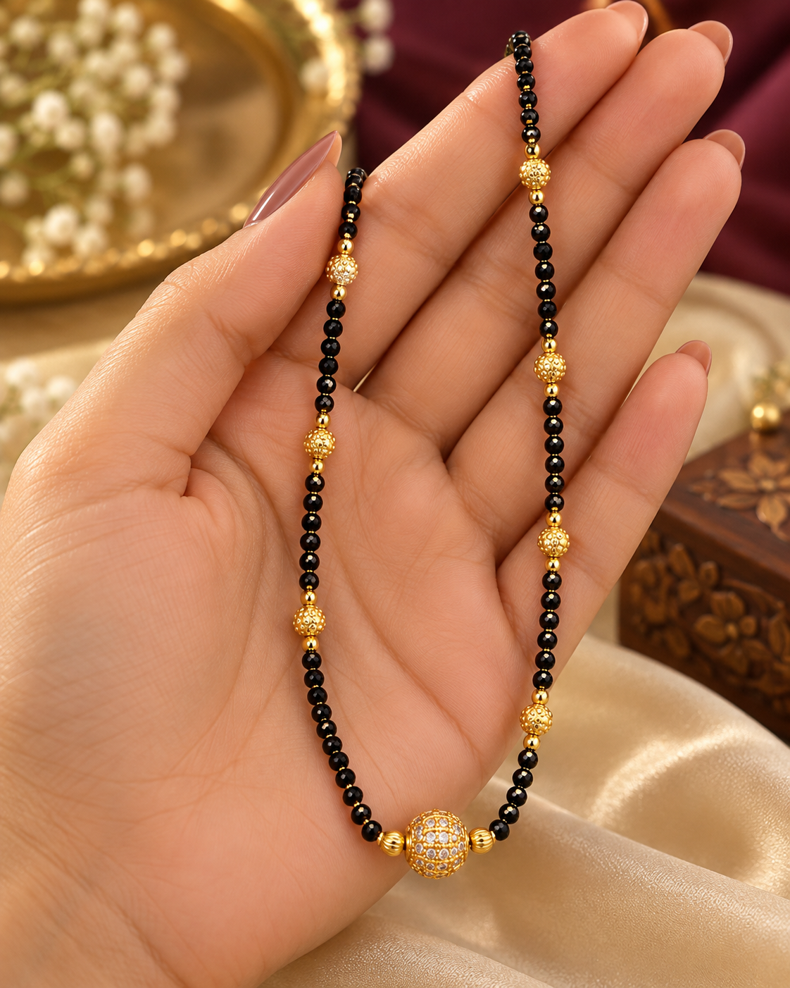 Jivaanik Elegant Black Beads Gold Ball Mangalsutra for Women