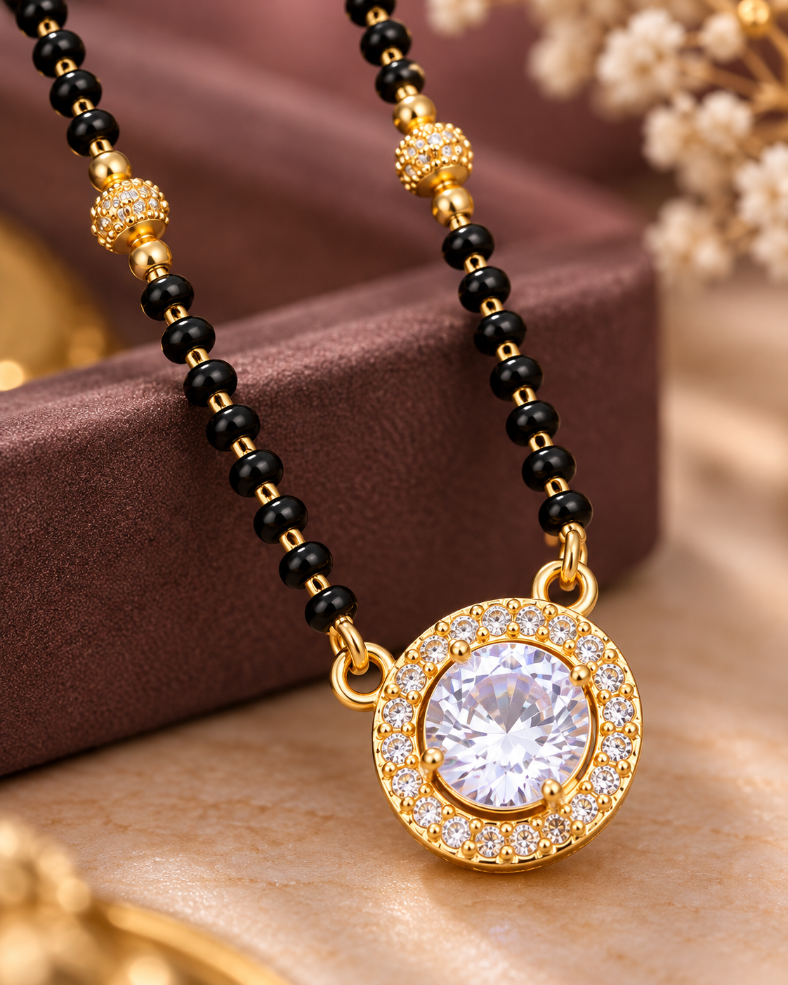 Jivaanik Elegant Crystal Pendant Black Beads Mangalsutra for Women