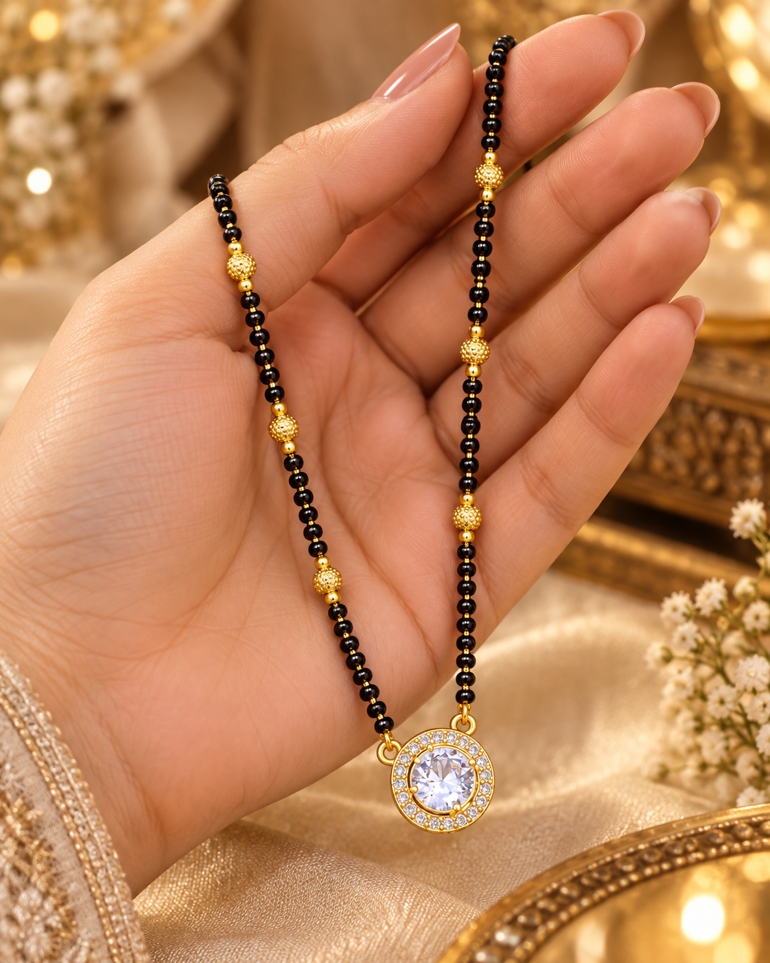 Jivaanik Elegant Crystal Pendant Black Beads Mangalsutra for Women