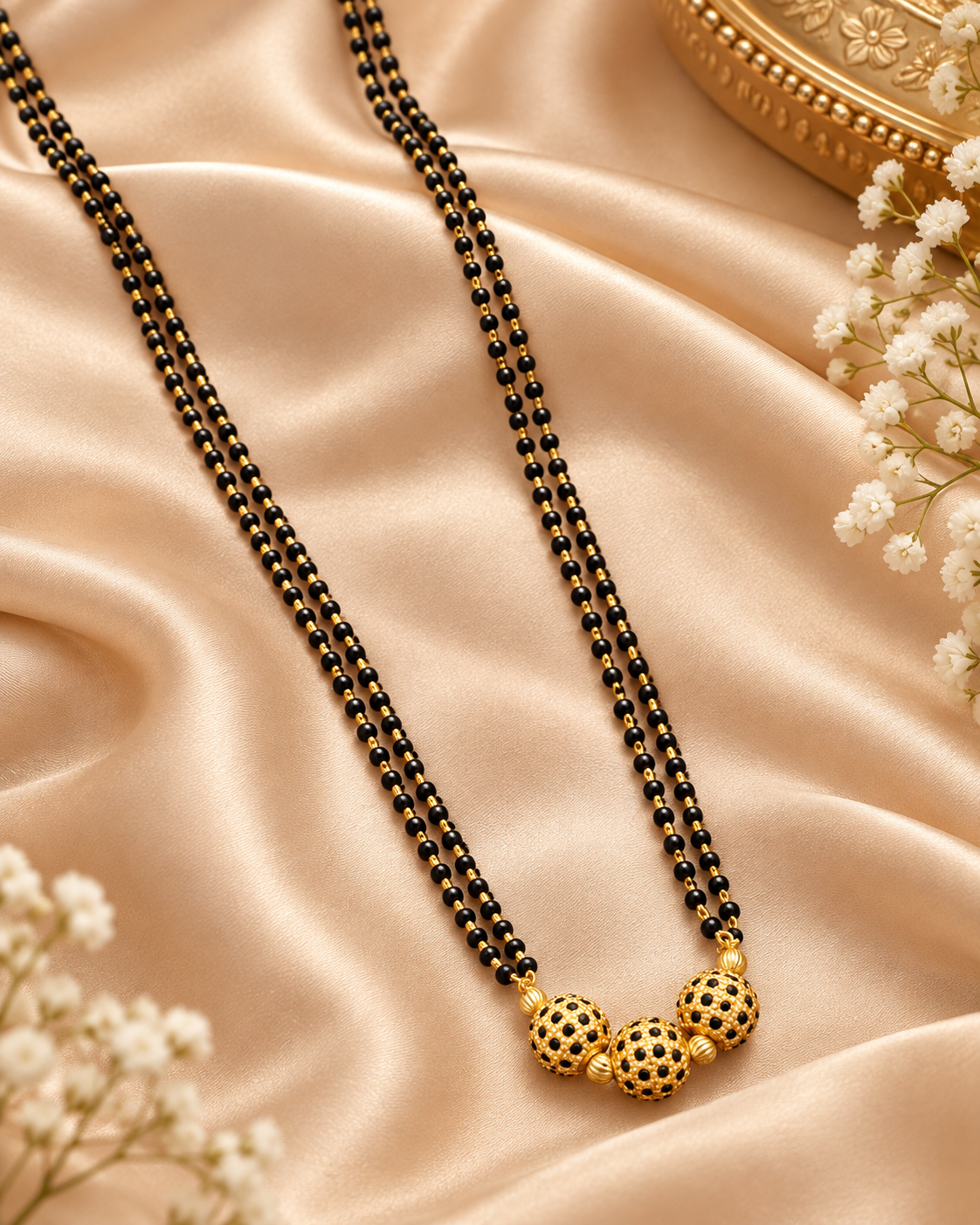 Jivaanik Premium Triple Gold Ball Double Line Black Beads Mangalsutra for Women