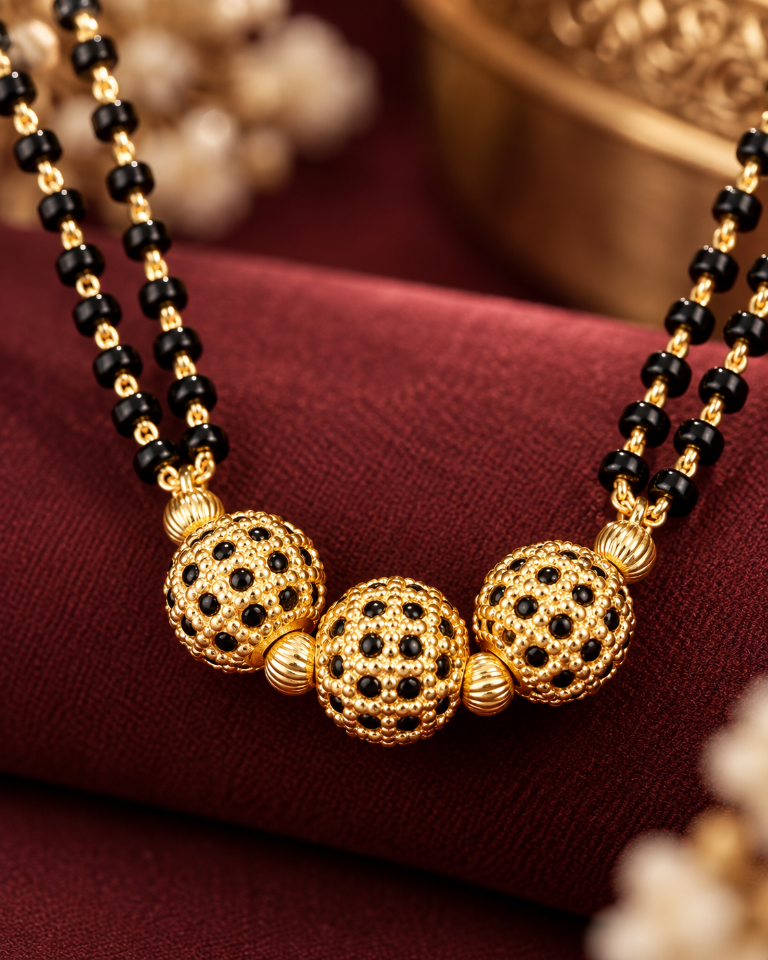 Jivaanik Premium Triple Gold Ball Double Line Black Beads Mangalsutra for Women