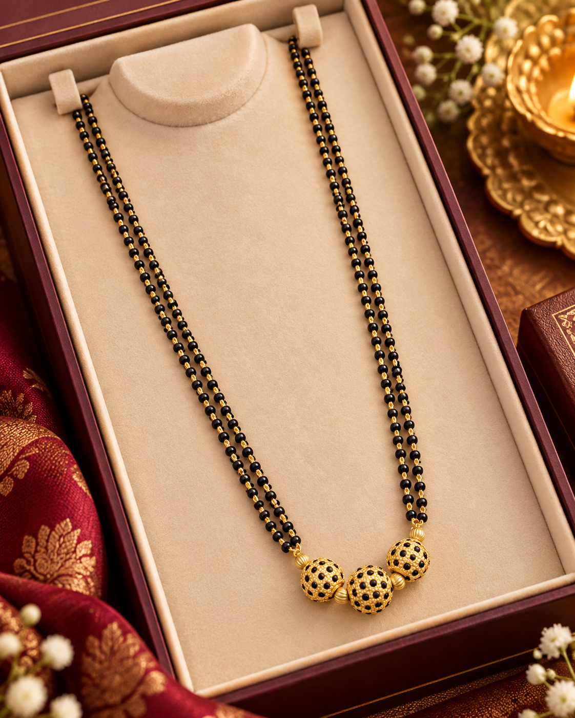 Jivaanik Premium Triple Gold Ball Double Line Black Beads Mangalsutra for Women