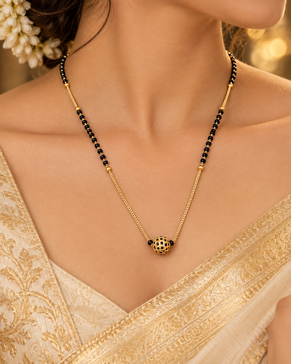 Jivaanik Elegant Single Gold Ball Black Beads Chain Mangalsutra for Women
