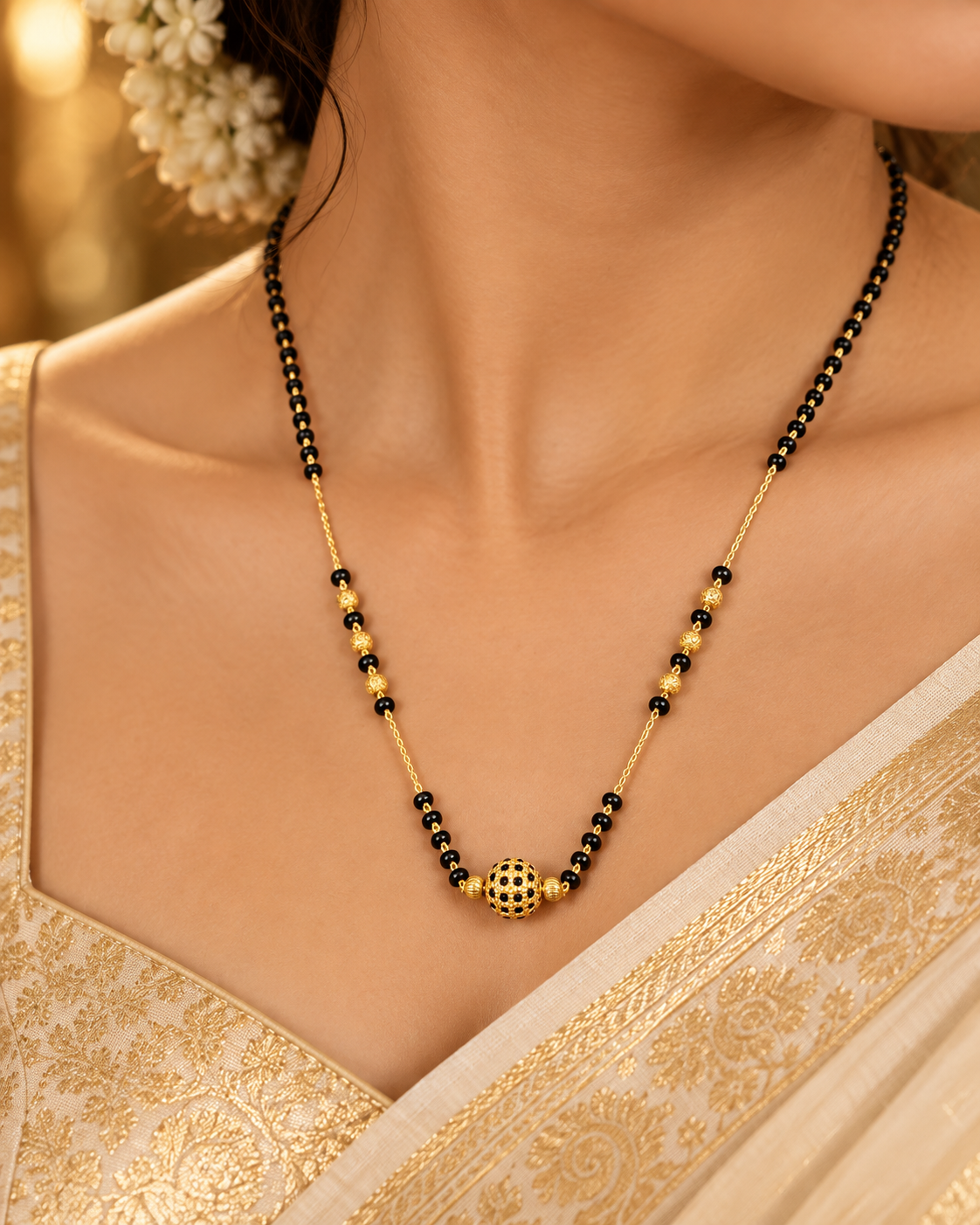 Jivaanik Elegant Black Beads Gold Ball Mangalsutra with Golden Chain Detailing for Women