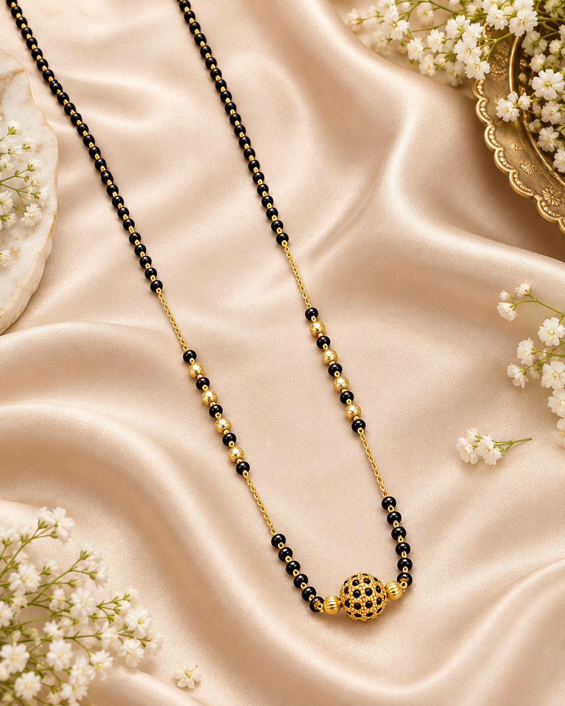 Jivaanik Elegant Black Beads Gold Ball Mangalsutra with Golden Chain Detailing for Women