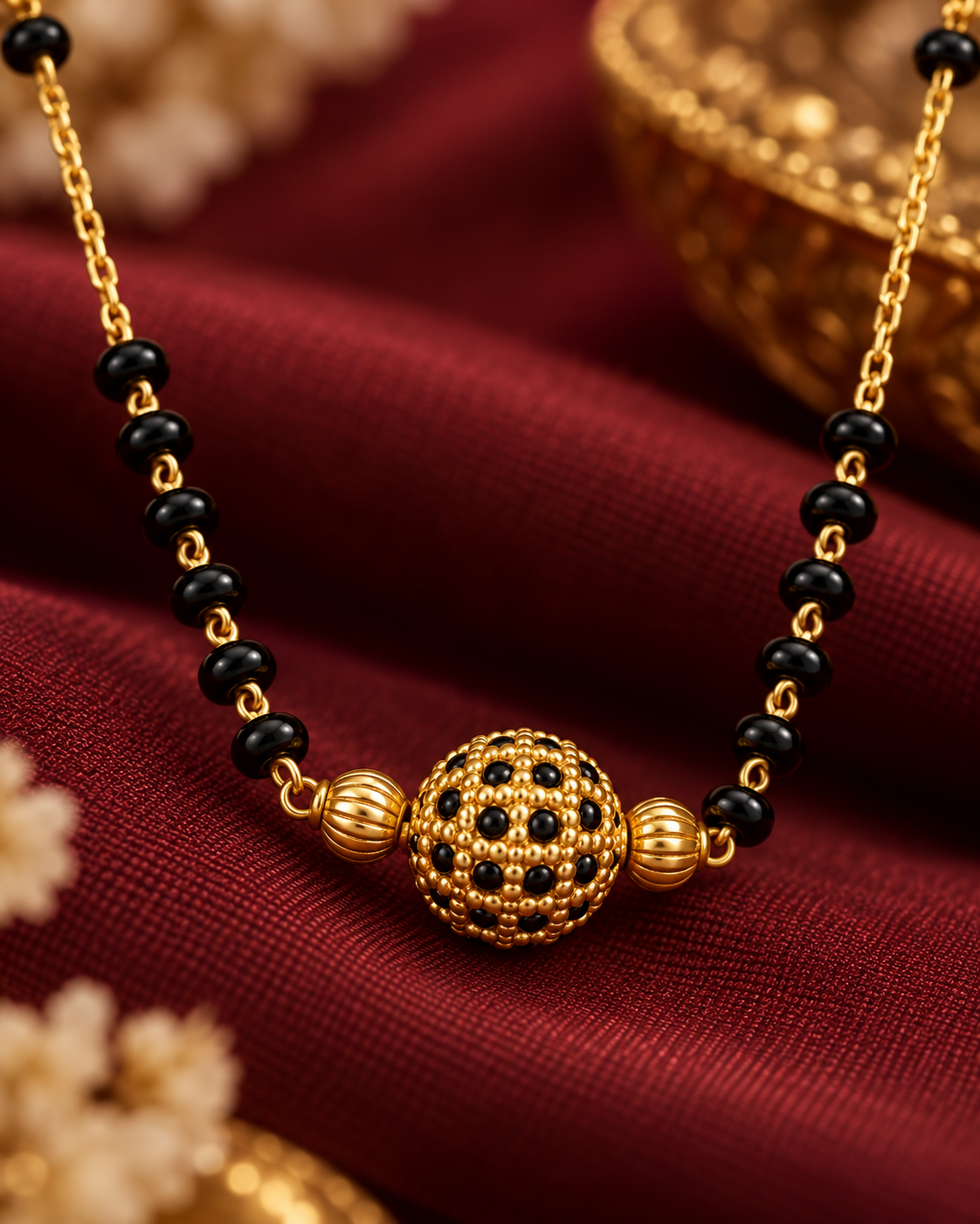 Jivaanik Elegant Black Beads Gold Ball Mangalsutra with Golden Chain Detailing for Women