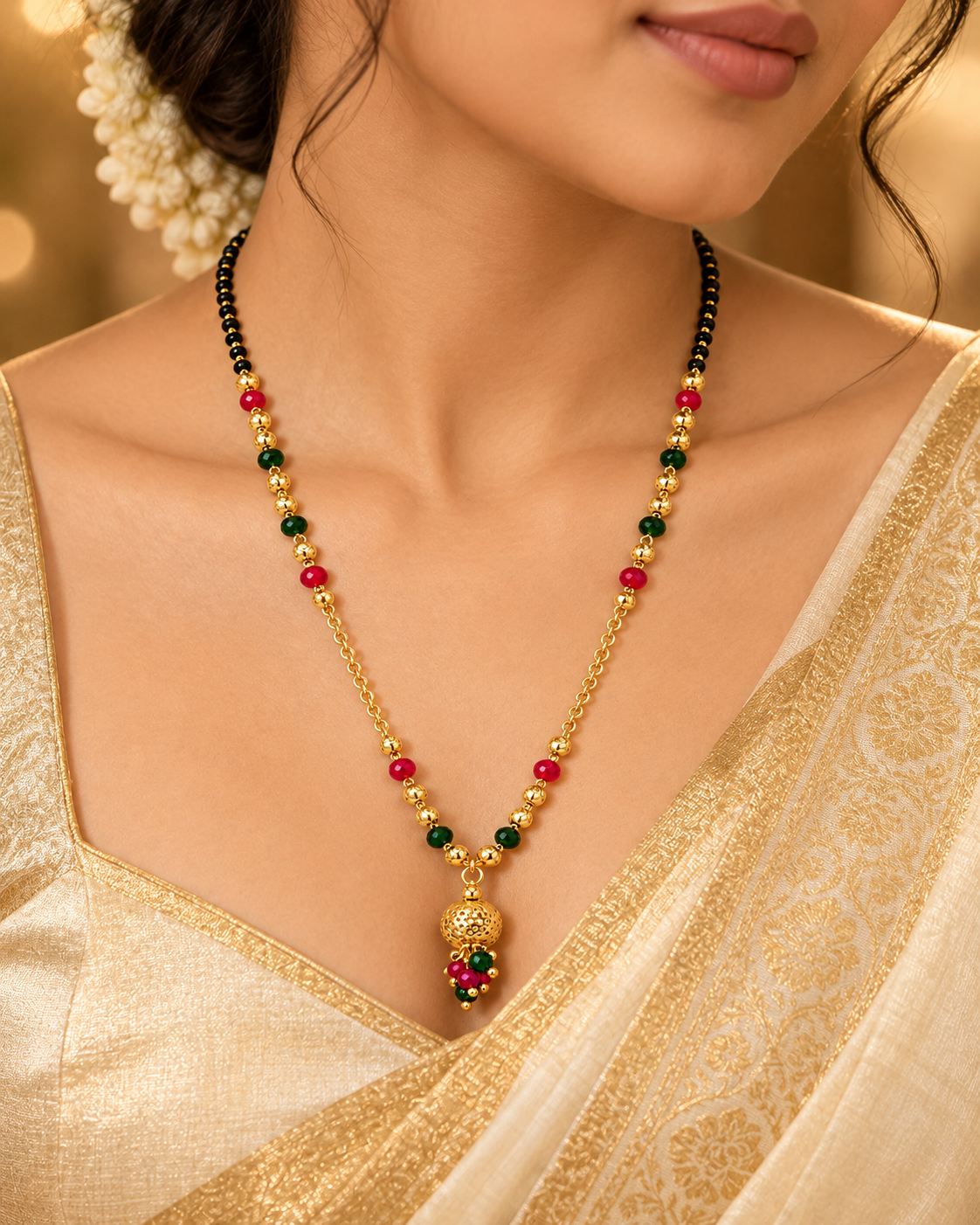 Jivaanik Premium Multicolour Black Beads Gold Ball Mangalsutra for Women