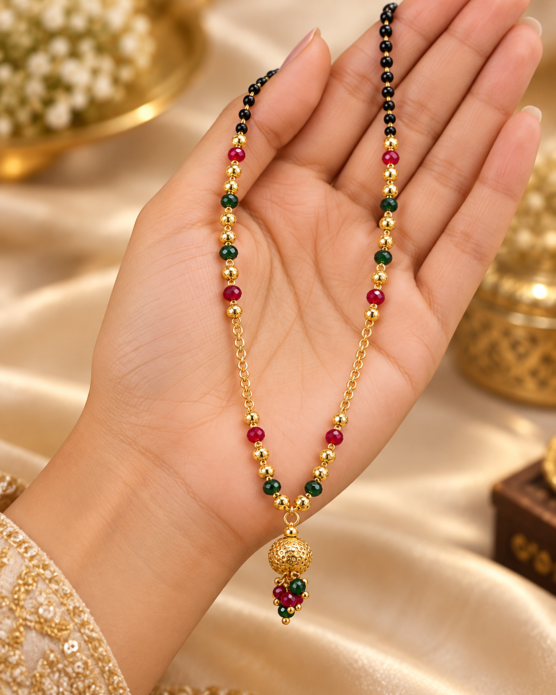 Jivaanik Premium Multicolour Black Beads Gold Ball Mangalsutra for Women