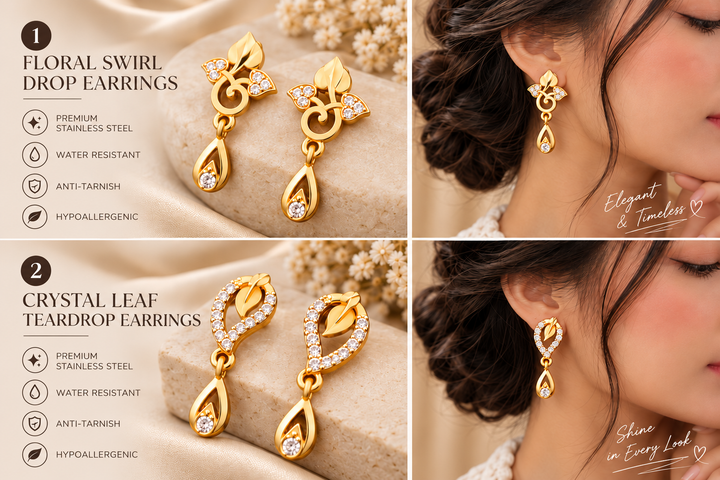 Jivaanik Golden Leaf Drop Earrings Duo