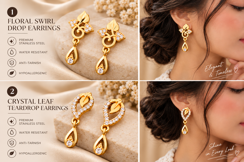Jivaanik Golden Leaf Drop Earrings Duo