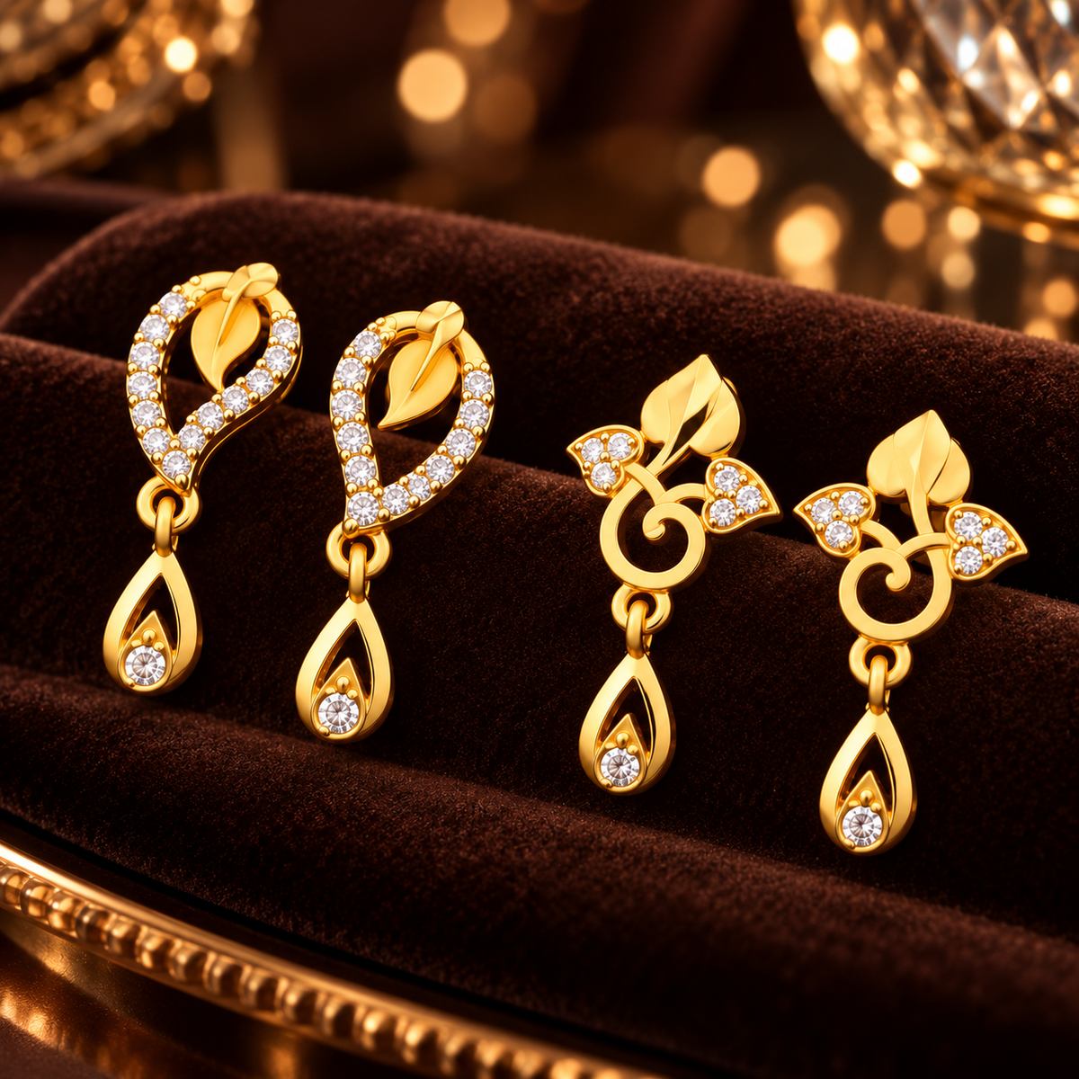 Jivaanik Golden Leaf Drop Earrings Duo