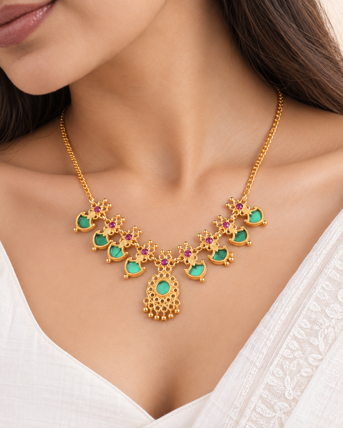 Jivaanik Mint Green Temple Necklace