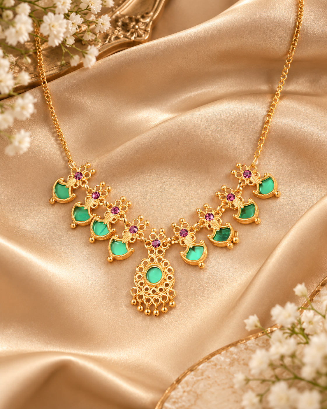 Jivaanik Mint Green Temple Necklace
