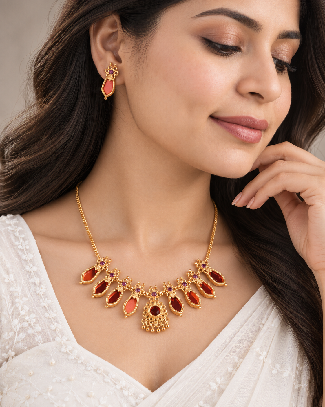 Jivaanik Red Drop Traditional Necklace Set